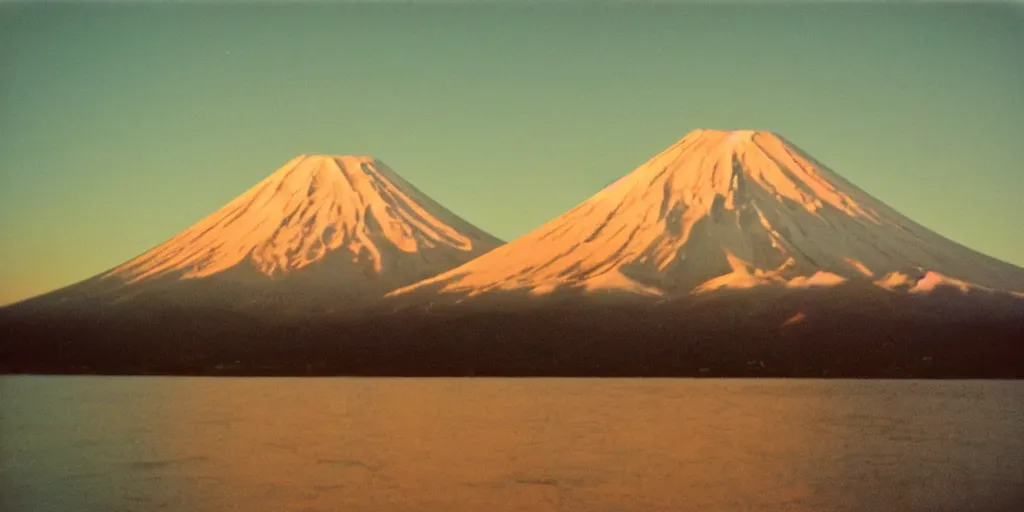 Prompt: a grainy polaroid photograph of the mont fuji at the golden hour