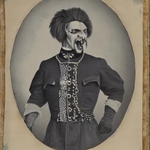 Prompt: 1 9 th century style portrait of a a middle aged half orc with fangs, blueish intelligent eyes, wearing a bemused smile on his face. dressed in a patchwork military uniform jacket with cut sleeves, showing off runic arm tattoos, his jacket has many charms and baubles and an upturned collar.