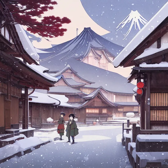 Image similar to japanese rural town, winter, in the style of studio ghibli, j. c. leyendecker, greg rutkowski, artem