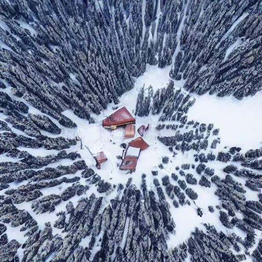 Image similar to sattelite image of post pocaliptic snow from 250 meters height, only snow, old lumber mill remains, few boozes with wood and supply, beautiful winter area