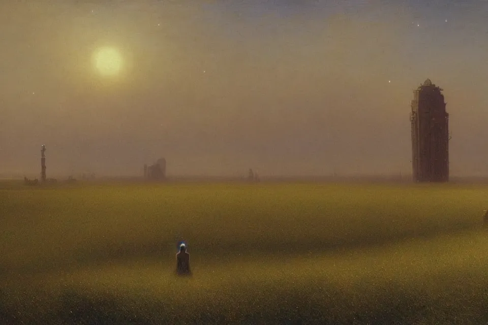 Image similar to sci-fi painting of a large alien city on the vast wheat fields, the closed back view of only one humanoid robot on the ground, by Ivan Aivazovsky, godrays, detailed