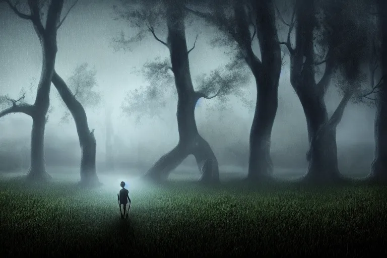 Prompt: boy and his haunting ethereal realistic ghost in the middle of a rain oak forest at night, realistic, obscure, dramatic scene, matte painting