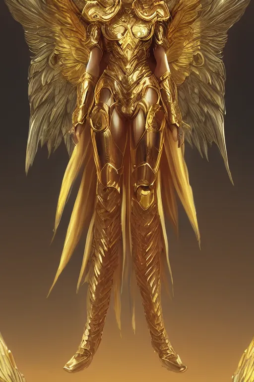 Prompt: grand mage in golden armor with intricate angelic wings, WLOP, concept art, digital painting, trending on artstation, highly detailed, 8k UHD, artgerm