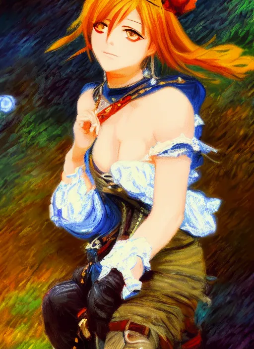 Image similar to a portrait of a female pirate, anime in impressionist style, trending artwork, 4 k, anime painter studio, by claude monet