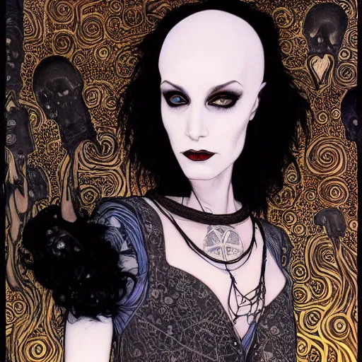 Prompt: death, a beautiful pale goth girl wearing a black vest and black punk hair, an ankh medallion hangs around her neck. portrait by joshua middleton and gustav klimt, vertigo comic