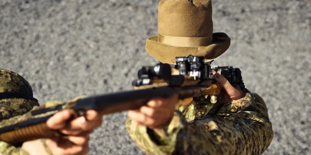 Prompt: view from down the barrel of a rifle held by a seal with a yellow bow tie 🦭 about to shoot