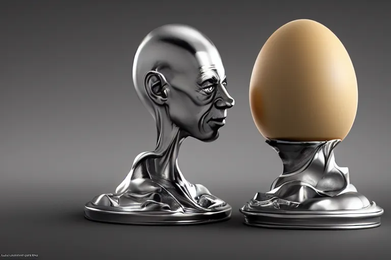 Prompt: silver egg cup, vin diesel head in egg cup, hyper detailed, digital art, artstation, cinematic lighting, studio quality, smooth render, by hajime sorayama, boris vallejo, craig mullins, artgerm, caravaggio