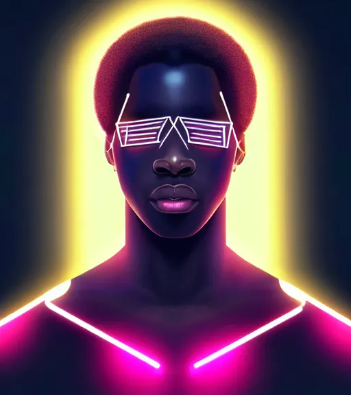 Prompt: symmetry!! african prince of technology, solid cube of light, hard edges, product render retro - futuristic poster scifi, lasers and neon circuits, dark skin man african prince, intricate, elegant, highly detailed, digital painting, artstation, concept art, smooth, sharp focus, illustration, dreamlike, art by artgerm