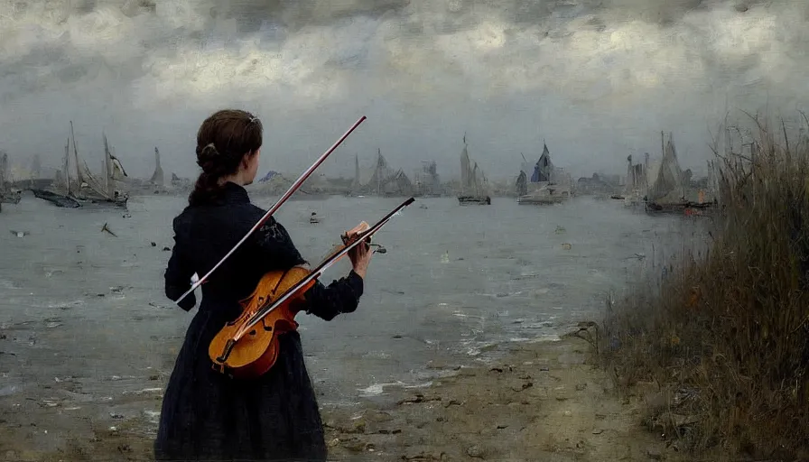 Prompt: angel alone playing on a violin near the shore, boats in the background, foggy morning, clouds in the sky, russian oil painting, serov, surikov, vasnetsov, repin, kramskoi, paint texture, uplight, insanely detailed and intricate, high resolution, Charlie Bowater, Tom Bagshaw, Norman Rockwell, octane rendered, unreal engine, illustration, trending on artstation, masterpiece, 8k