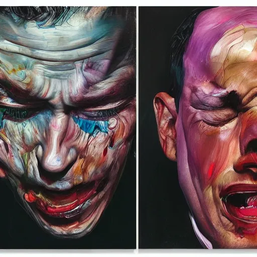 Image similar to high quality high detail painting of two extremely angry men by lucian freud and jenny saville and francis bacon and malcom liepke and nicola samori, hd, anxiety, two men crying and screaming, turquoise and purple and orange and pink, dark atmosphere