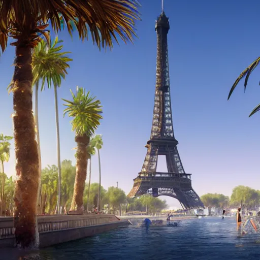 Image similar to landscape of the beautiful city of paris built in california, amazing sunny weather, eiffel tower next to the beach, palm trees, splendid haussmann architecture, digital painting, highly detailed, intricate, without duplication, art by craig mullins, greg rutkwowski, concept art, matte painting, trending on artstation, octane render, 8 k