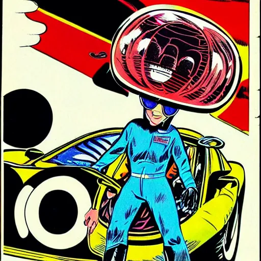 Image similar to alien male race car driver in a 70s comic book, retro, colorful, dynamic