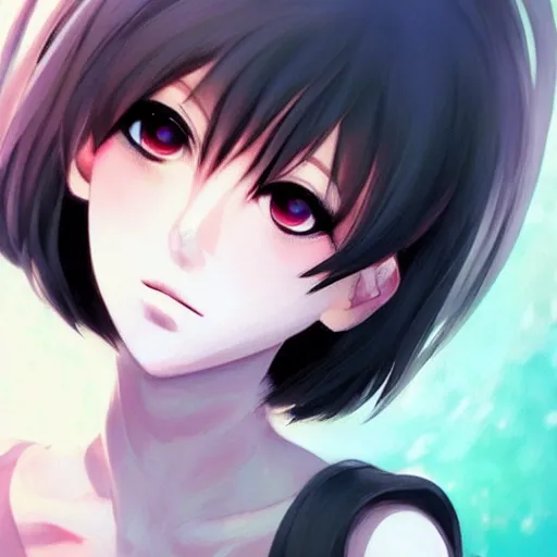 Image similar to beautiful anime girl art by yan gisuka, JeonSeok Lee, artgerm, Ross draws, zeronis, Chengwei Pan on artstation #short hair #black hair #black top #earrings #makeup #age 26 #lipstick #mysterious