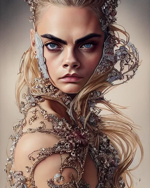 Image similar to cara delevingne wearing epic haute couture by Alexander McQueen, extremely beautiful face, masterpiece, intricate, elegant, highly detailed, digital painting, artstation, concept art, smooth, sharp focus, illustration, art by artgerm and james jean and greg rutkowski and alphonse mucha