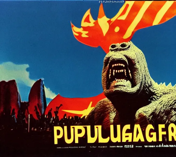 Image similar to Pulgasari the North Korean monster, volumetric lighting, filmstill, produced by Kim Jong-il, Kodachrome, kaiju-eiga, starfish monster movie, communist propaganda, film noir, 35mm film grain, Cooke Varotal 20-100mm T3.1