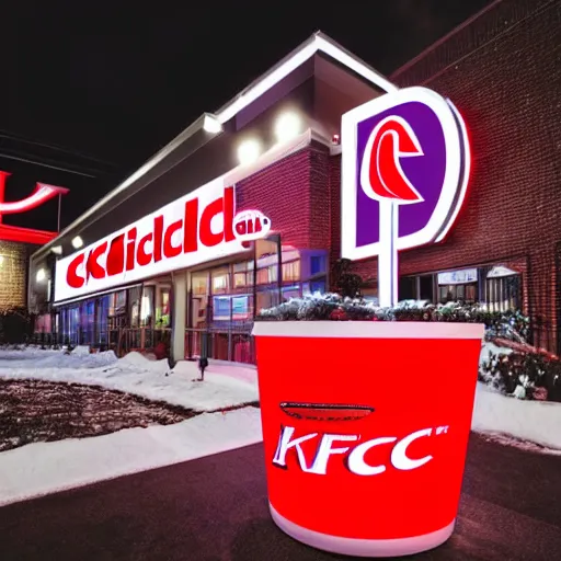 Prompt: a photo of a landscape with many lit up KFC bucket signs on sticks sticking out of it