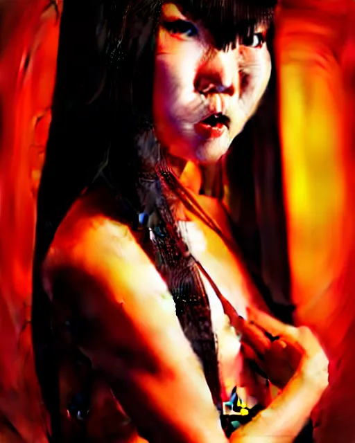 Image similar to beautiful female asian vampire ninja showing her fangs, in a menacing pose, award - winning 4 k photograph, dark and creepy lighting