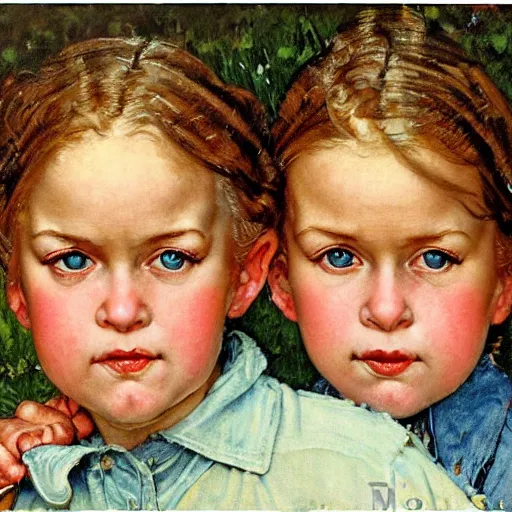 Image similar to Frontal portrait of women triplets with ice blue eyes. Painting by Norman Rockwell.