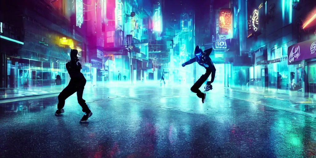 Image similar to slow motion film still of futuristic break dancer wearing dark suit with neon lights, long exposure shot , at night in the middle of a rainy street, rim lights, glossy reflections, octane render, detailed and soft, by laurie greasley