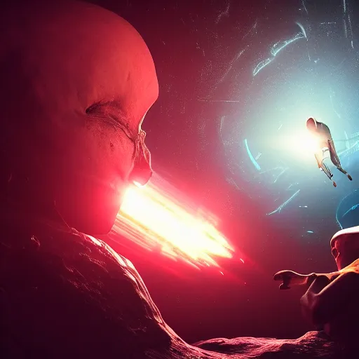 Image similar to a horrified man on a spaceship face to face with an alien from another galaxy, volumetric lighting, 8 k octane beautifully detailed render, post - processing, extremely hyper - detailed, intricate, epic composition, cinematic lighting, masterpiece, trending on artstation, detailed detailed detailed, masterpiece, beautiful cinematic light,