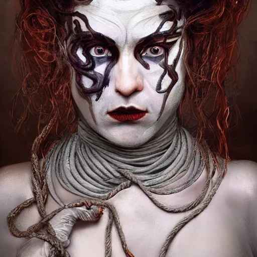 Image similar to portrait of a Shibari rope wrapped face and neck, headshot, insanely nice professional hair style, dramatic hair color, face paint half and half, digital painting, of a old 15th century, old cyborg merchant, amber jewels, baroque, ornate clothing, scifi, realistic, hyperdetailed, chiaroscuro, concept art, art by Franz Hals and Jon Foster and Ayami Kojima and Amano and Karol Bak,