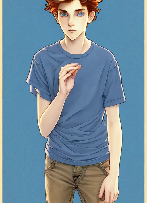 Image similar to art nouveau portrait of a teen boy with completely straight auburn hair, light blue eyes, pale skin, freckles, sad expression, t - shirt, modern casual clothing, natural lighting, path traced, highly detailed, high quality, cartoon, digital painting, by don bluth and ross tran and studio ghibli and alphonse mucha