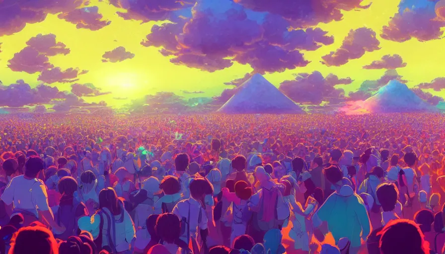 Prompt: A highly detailed digital art painting of a music festival with a bright shimmering sky by Studio Ghibli, Mokoto Shinkai, by Artgerm, by beeple, volumetric lighting, octane render, 4K resolution, trending on artstation, vivid colours