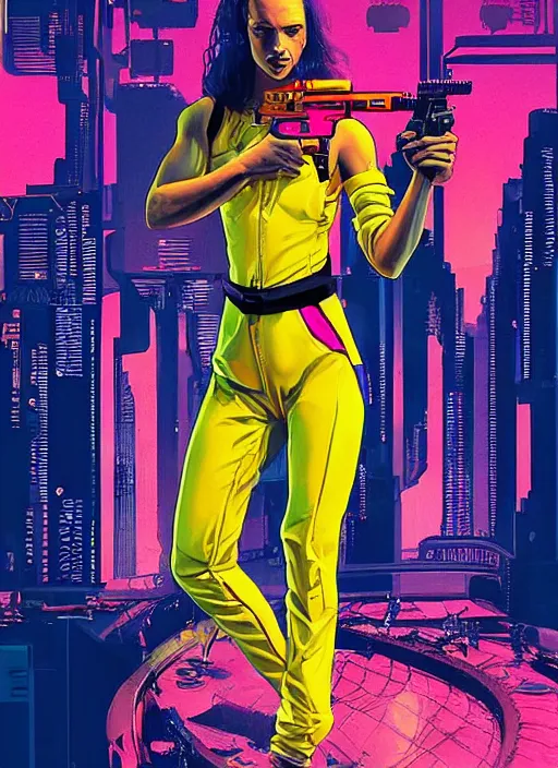 Image similar to beautiful cyberpunk female athlete wearing pink jumpsuit and pointing a yellow belt fed pistol. advertisement for pistol. cyberpunk ad poster by james gurney, azamat khairov, and alphonso mucha. artstationhq. gorgeous face. painting with vivid color, cell shading. buy now! ( rb 6 s, cyberpunk 2 0 7 7 )