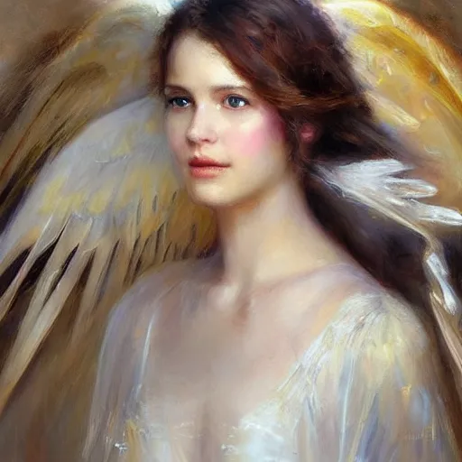 Prompt: beautiful portrait of an angel with beautiful face and her huge white wings spread out gracefully, painted by daniel gerhartz, highly detailed, beautiful warm illumination, graceful and elegant, ethereal