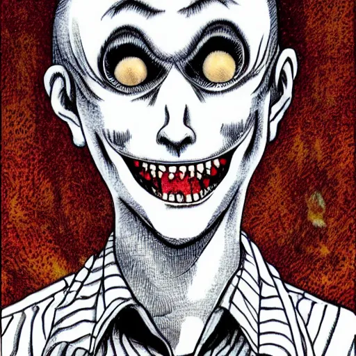 Image similar to smiling man, junji ito, creepy, unsettling,