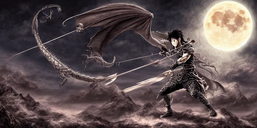 Prompt: korean archer. dragon. night sky. moon. mountain. dark fantasy. high resolution. epic fight. detailed. digital art. by kentaro miura