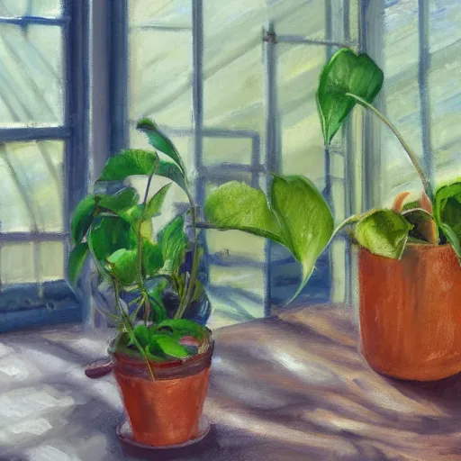 Image similar to dittany in a pot, on wooden table in the ray of sunshine in greenhouse, oil painting, sharp focus, high detailed, calm, warm lighting, sparkles, digital art, concept art, by Rutkowsky,