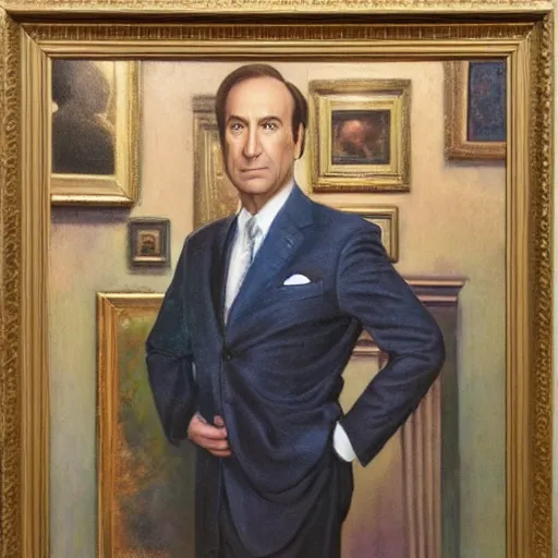 Image similar to an oil painting of saul goodman dressed as a businessman, pastel, art masterpiece, museum, on display