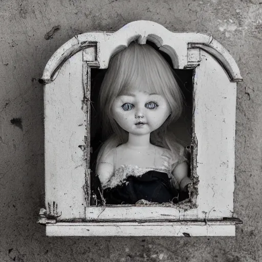 Image similar to a porcelain doll, left on a shelf in an abandoned house. the doll's eyes are looking in slightly different directions. the house is in disrepair and weeds and moss are starting to grow. black and white photo. surrealism.