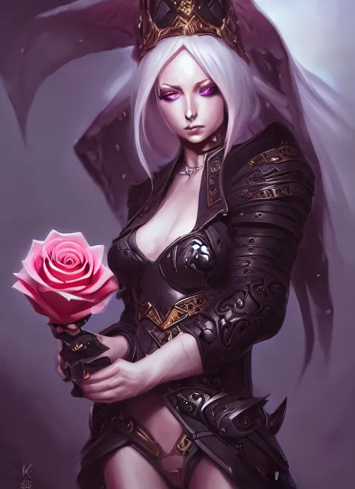 Image similar to beautiful and cool female dark magician, wide angle view, roses, skulls, black, white, gold colors, shiny, highly detailed, artgerm, cushart krenz, artstation, soft light, sharp focus, illustration, character design, concept art