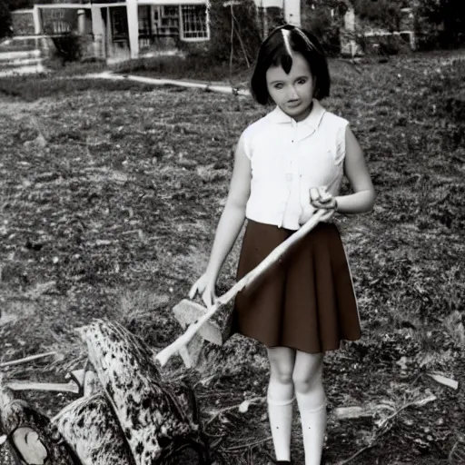 Prompt: a middle-school girl with short brown hair wearing a white dress and holding a bundle of firewood, high resolution film still