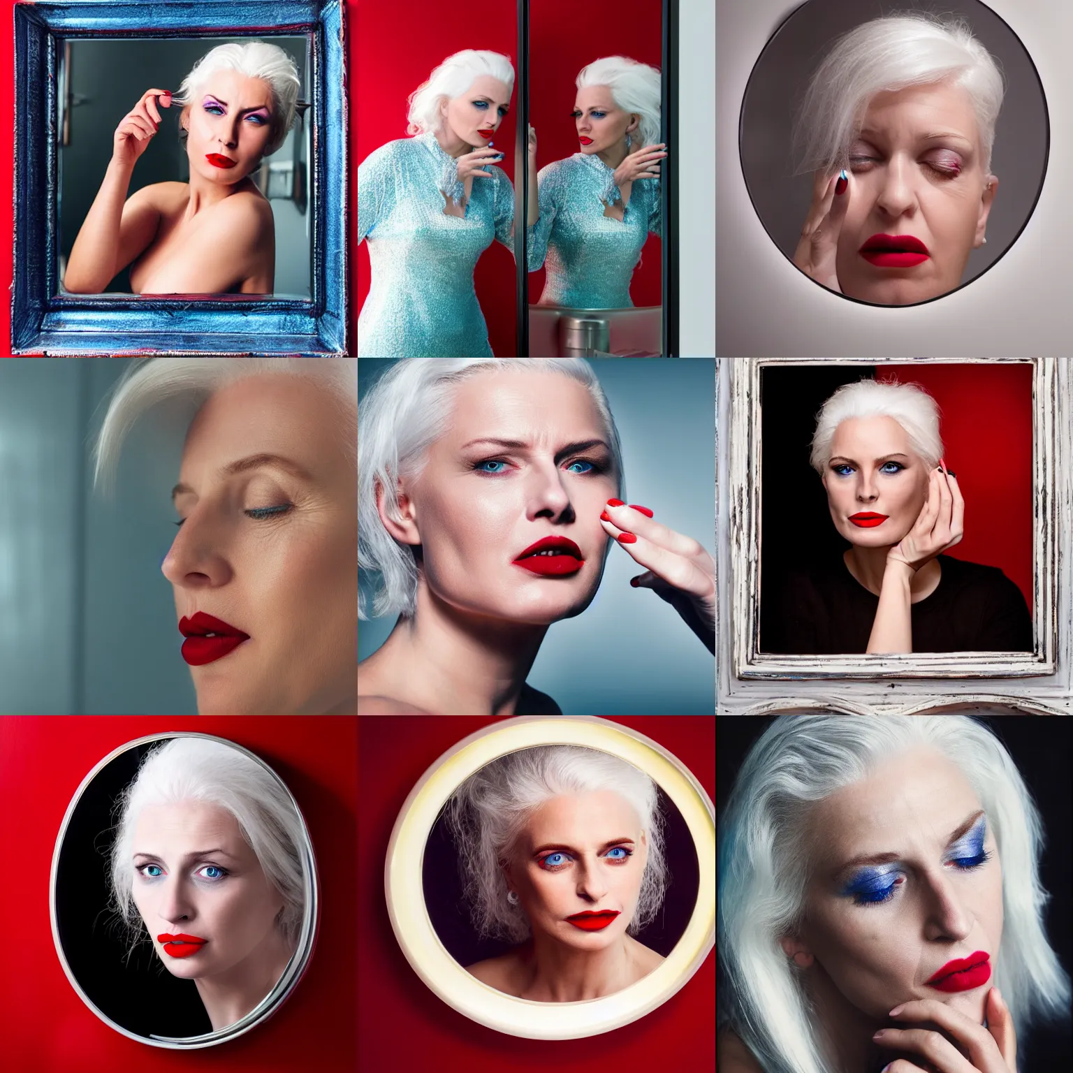 Prompt: a photo realistic image of a beautiful woman with white hair and ocean blue eyes, looking at her reflection in a mirror, smearing red lipstick on her lips with her hand, dramatic lighting, by annie leibovitz, hd image