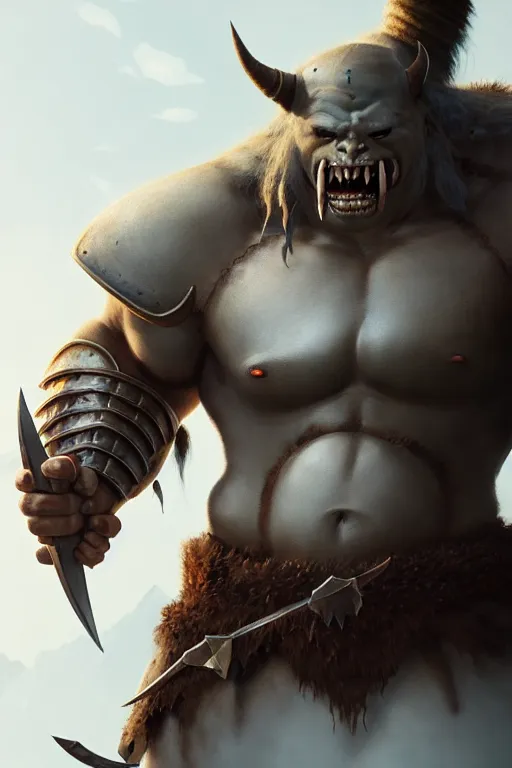 Image similar to orc barbarian wearing leather armor, full body shot, exquisite details, earth magic, mid view, design on a white background, by studio muti, greg rutkowski, makoto shinkai, takashi takeuchi, studio ghibli