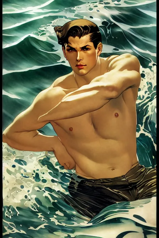 Image similar to attractive man in the ocean, painting by j. c. leyendecker, yoji shinkawa, katayama bokuyo