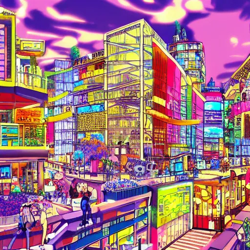 Prompt: Hi-tech city, warm light, colourful by Eichiro Oda, One Piece, 4K, colourful manga