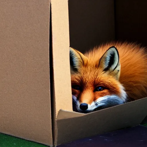 Prompt: a fox hiding inside a box