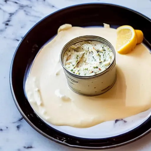 Prompt: Opened can of mayonnaise, served on a plate, gourmet food