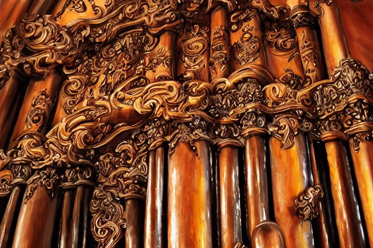 Image similar to pipe organ shape carved into dark smoke, high detail baroque oil painting