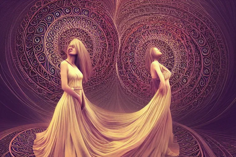 Prompt: a beautiful woman in a flowing dress standing amongst spiraling fractals, emotional, intricate, ornate, art nouveau, inspired by reylia slaby, peter gric, zdzislaw beksinski, volumetric lighting