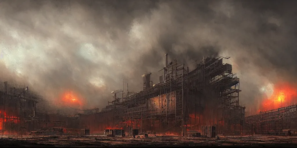 Prompt: a painting of a factory with smoke pouring out of it, a detailed matte painting by jonas de ro, cgsociety, nuclear art, dystopian art, apocalypse art, apocalypse landscape, dark, moody