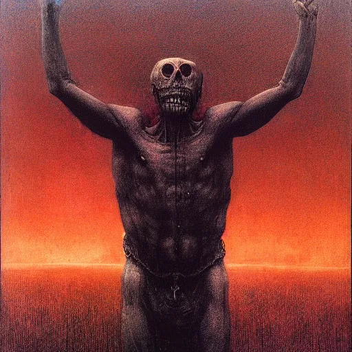 Image similar to darkness and evil overtakes a man raising his arms, beksinski