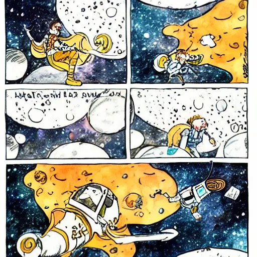 Prompt: Comic panel of a space cowboy riding a snail, (inktober), (line art), (((water color))), by Bill Waterson, By Jake Parker, (by Morris)