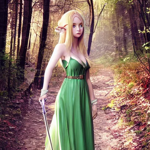 Image similar to a realistic portrait of a realistic female elf with a long withe and light green dress holding a scepter walking in the woods , perfect and hyperrealistic ultra detailed face, by WLOP