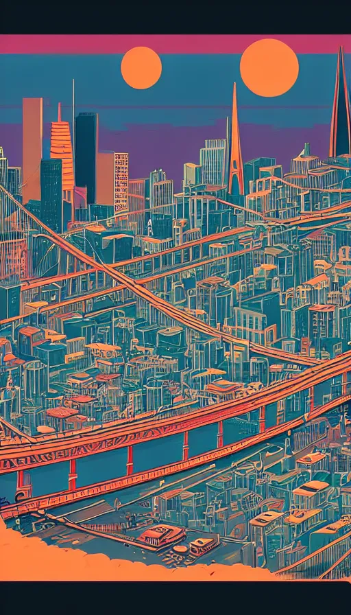 Prompt: retro futuristic illustration of san francisco in the year 2 1 0 0, intricate digital illustration, trending on artstation