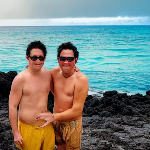 Image similar to two guys in hawaii, sick with covid on the beach, with a rainbow, photograph